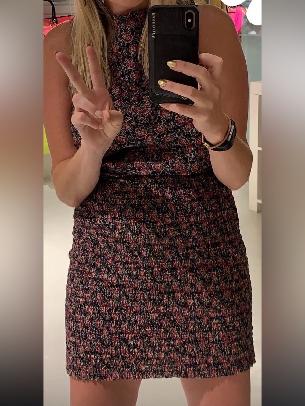 Free People Black and Burgundy Floral Smocked Midi Dress